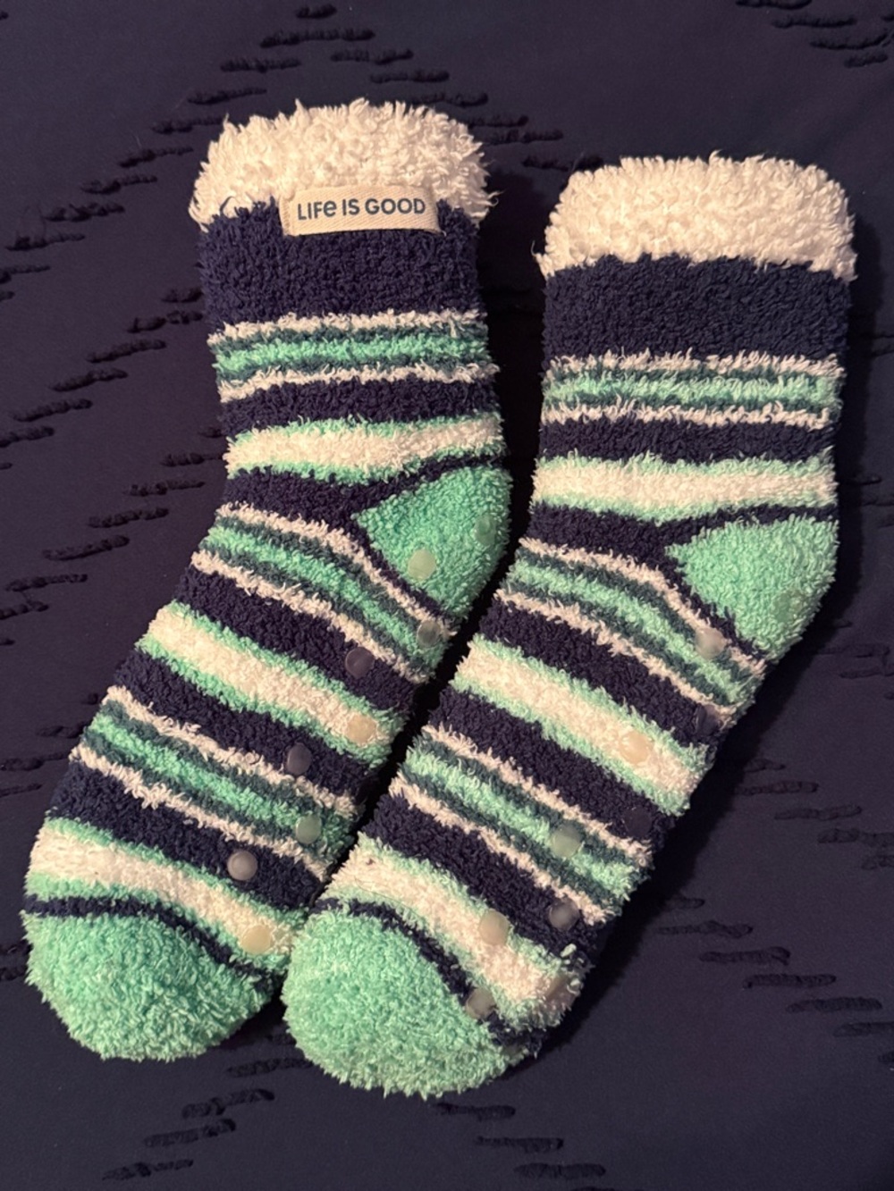 Life Is Good Women’s Thick Plush Striped Cozy Socks - Mint, Navy & White